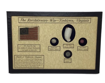 Revolutionary War Relic, Button,  Clay Pipe & Marble in Glass Top Display Case with COA