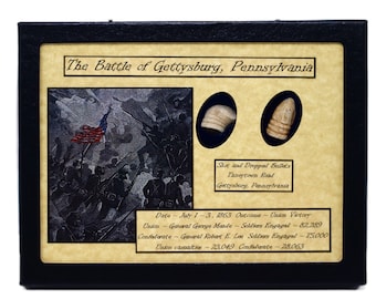 Dropped & Shot Civil War Relics from Gettysburg in Glass Topped Display Case 6 x 8&quot; with COA