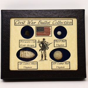 Original Civil War Relics (4 Piece) in Glass Topped Display Case 4 x 5&quot; with COA