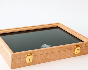 Curly Maple Wood Display Case 18 x 12 x 3” for Arrowheads Knives Collectibles Coins