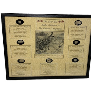 Op de afbeelding: Een ingelijst display van Amerikaanse burgeroorlog kogelhulzen uit de oostelijke campagnes. Elke kogel is gelabeld met de slag waar hij is teruggevonden, waaronder de slag bij Antietam, Fredericksburg, Chancellorsville, Gettysburg, Cold Harbor en Appomattox.