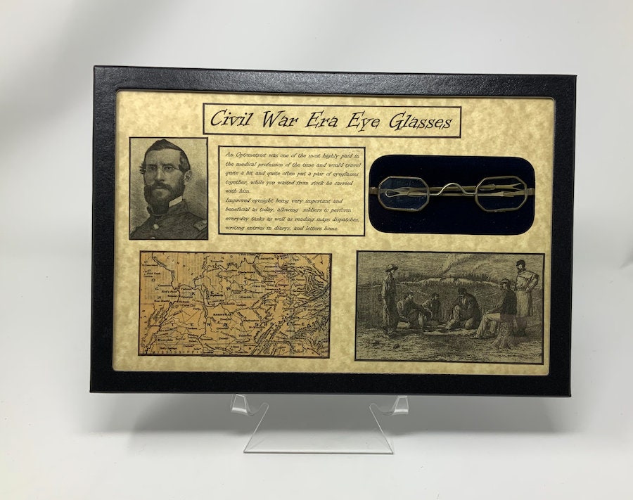 Civil War Era Eye Glasses with Glass Topped Display Case and COA