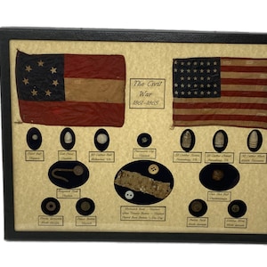 Civil War Relics, Harmonica Reed, Buttons (16 Piece) in Glass Topped Display Case 12 x 16" with COA