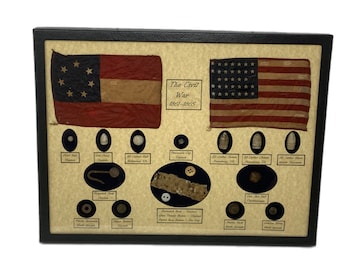 Civil War Relics, Harmonica Reed, Buttons (16 Piece) in Glass Topped Display Case 12 x 16&quot; with COA