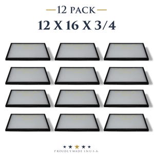 May include: A 12-pack of rectangular light panels, each measuring 12 x 16 x 3/4 inches, with a black frame and a white illuminated surface. The text "12 PACK" and dimensions are displayed at the top. The text "PROUDLY MADE IN U.S.A." is at the bottom.