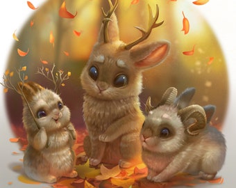 Jackalope Print, Fluffy Baby Bunnies with Antlers, Whimsical Art
