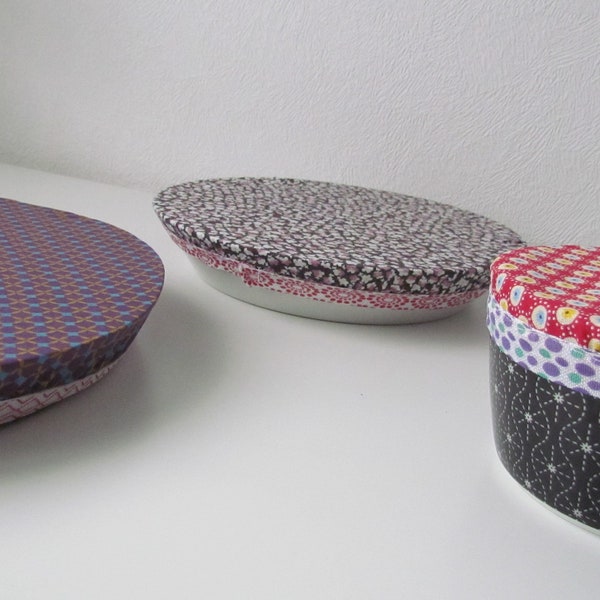 Set of 3 Charlottes cover plates dishes Bowls Zero waste washable reusable adaptable elastic fabric cotton purple polka dot flower