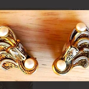 Vintage Spanish Damascene Clip-on Earrings - Gold & Silver Tone - Faux Pearls - 1960’s - Marked ‘SPAIN’