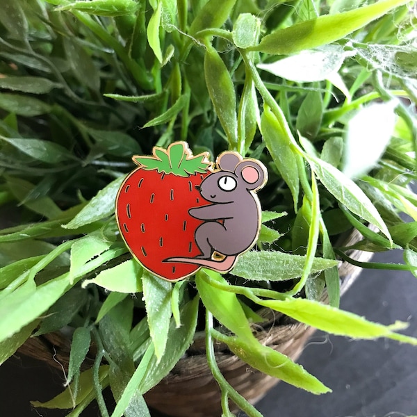Big Treat - Hard Enamel Pin - Cute Mouse Pin - Strawberry Cottagecore Enamel Pin - Sweet Animal Pin or Brooch