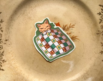 Sleepy and Warm - Die Cut Matte Sticker - Cute Cat Sticker - Quilt Stationary with Animal
