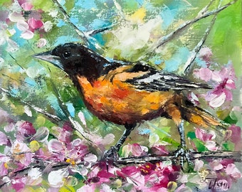 Peinture d'oiseau coloré, peinture à l'huile originale sur toile tendue, oiseau avec peinture de fleurs, oiseau, oiseau coloré, orange et noir, art