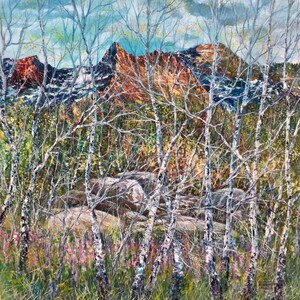 Pintura original de la mano de los árboles de Aspen de las montañas rocosas
