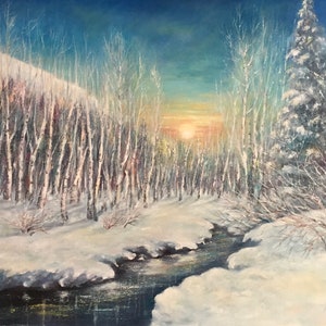Sunset Over the Snowy Riverbanks Colorado Rocky Mountains Original Hand Painting