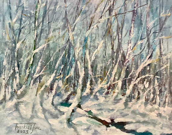 Aspen Rocky Mountains, Snowy Landscape, Winter Freeze Original Hand Painting