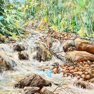 Fall Stream Reflections in the Mountains Original Hand Painting, Oil Painting on Stretched Canvas, Scenery and Landscapes, Peaceful Stream