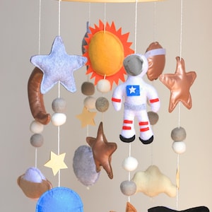 Space-Themed Baby Mobile with Astronaut, Planets, Stars & Rocket - Handmade Felt Nursery Decor for Baby Room