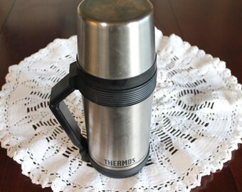 Vintage Thermos Brand Stainless Steel Flask with Handle | Classic Insulated Bottle | Retro Camping Mug