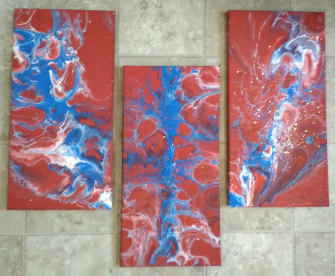 Red White Blue Original Acrylic Pour Painting on A SET OF THREE 10 X 20 ...