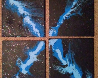 Sparkle Glitter Blue & Black Original Acrylic Pour Painting on A SET OF FOUR  11 X 14 Canvas with gorgeous cells; fluid poured abstract art