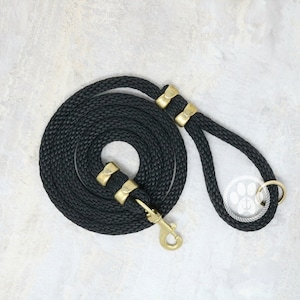 May include: Black rope dog leash with gold metal hardware. The leash has a loop at one end and a snap hook at the other end.