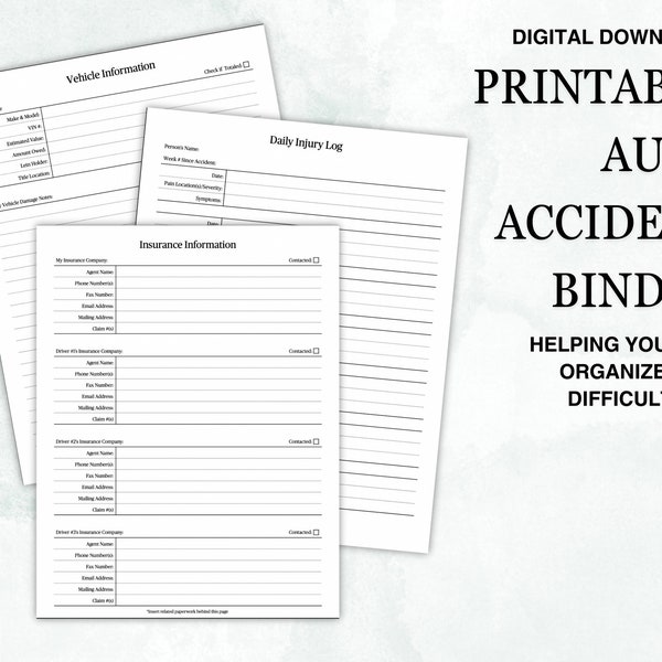 Printable Auto Accident Paperwork Organizer Binder - 11 Pages + Cover & Tabs Instantly Available to Print or Annotate