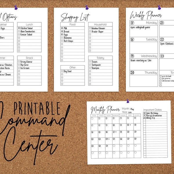 COMMAND CENTER: Matching Meal Options, Shopping List & Calendar Printable Set
