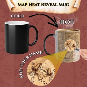 May include: A black heat-reveal mug that transforms to reveal a map design when hot. The mug features the text "PERSONALIZED MAGIC MAP HEAT REVEAL MUG" and the option to add a name. The mug is a unique gift idea.