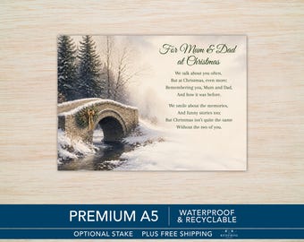 Mum and Dad Christmas Memorial Grave Card, Waterproof A5 Graveside Card with Optional Stake, Outdoor Cemetery Tribute