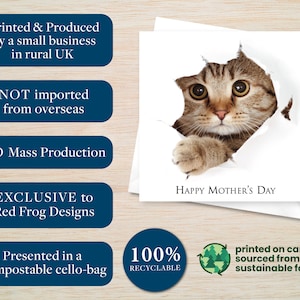 May include: A greeting card featuring a cat peeking through a hole in the paper. The card says "Happy Mother's Day". The card is printed on card sourced from sustainable forests and is 100% recyclable.