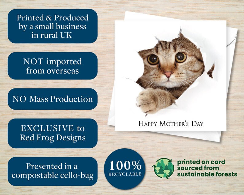 May include: A greeting card featuring a cat peeking through a hole in the paper. The card says "Happy Mother's Day". The card is printed on card sourced from sustainable forests and is 100% recyclable.