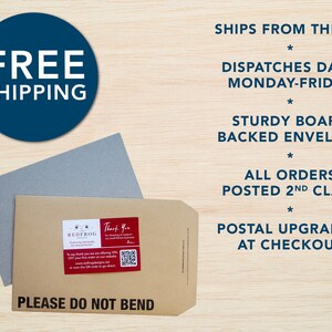 May include: A brown envelope with a grey backing, a red and white sticker, and the text "PLEASE DO NOT BEND". A blue circle with the words "FREE SHIPPING" is in the upper left corner. Additional text includes "SHIPS FROM THE UK".