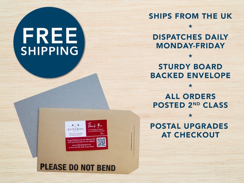 May include: A brown envelope with a grey backing, a red and white sticker, and the text "PLEASE DO NOT BEND". A blue circle with the words "FREE SHIPPING" is in the upper left corner. Additional text includes "SHIPS FROM THE UK".