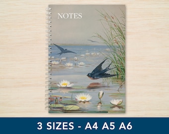 Swallows Spiral Notebook – A4, A5, A6 Softcover Journal with Lined or Plain Paper Handcrafted to Order