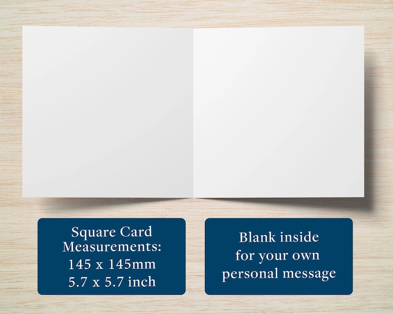 May include: A blank, square greeting card, open to reveal two white pages. The card measures 145 x 145mm. Text on a blue rectangle states, "Blank inside for your own personal message."