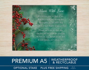 Mum Christmas Memorial Grave Card Mum Memorial Christmas Card Mum in Heaven memorial card A5 graveside Xmas Tribute 100% Waterproof Stake