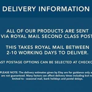 May include: A blue graphic with white text that reads "DELIVERY INFORMATION". The text below states that products are sent via Royal Mail Second Class Post, taking 2-10 working days to deliver. Fast postage options are available at checkout.