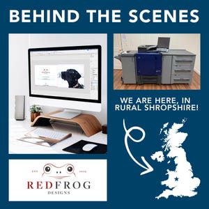 May include: Image showing a computer setup with the text "BEHIND THE SCENES". The screen displays a design featuring a black dog. The Redfrog Designs logo is also visible. The text "WE ARE HERE, IN RURAL SHROPSHIRE!" is displayed.
