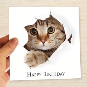 May include: A brown tabby cat with green eyes peeks through a hole in a white card. The card says "Happy Birthday".