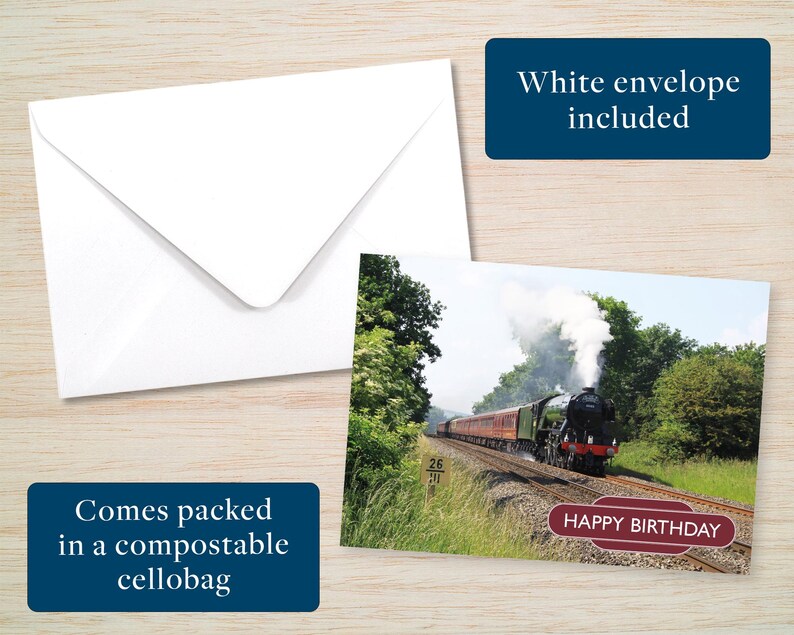 May include: A birthday card featuring a steam train traveling through a green forest. The card has a red banner with the text "Happy Birthday".