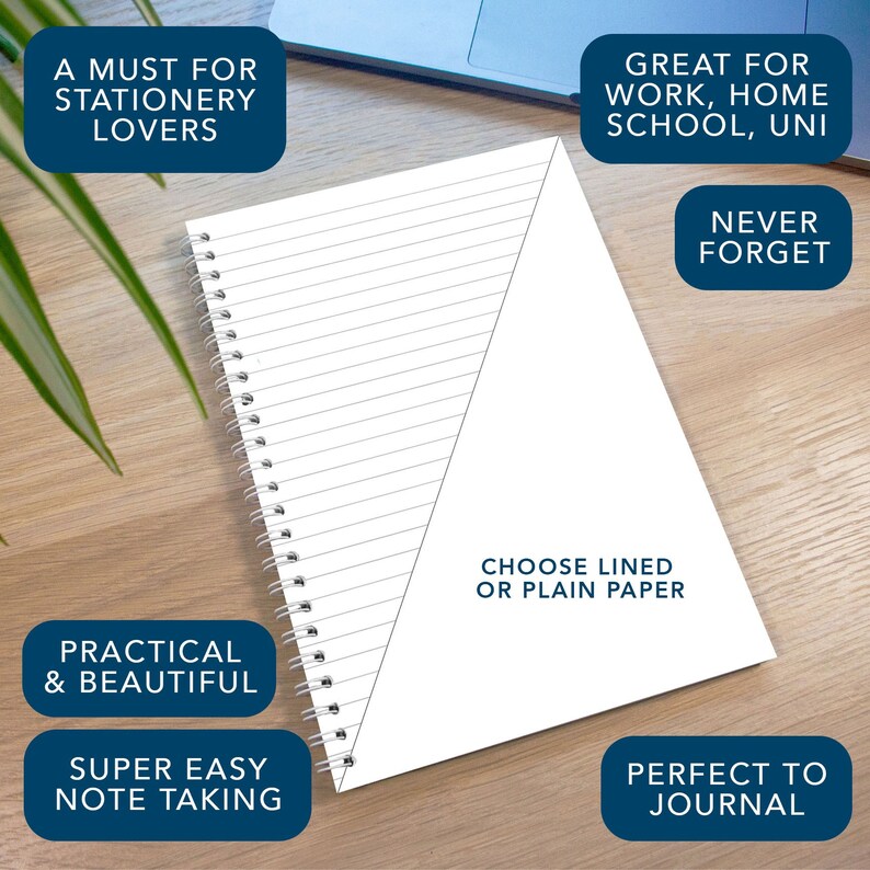 May include: A white spiral bound notebook with lined paper. The notebook has a triangle shape on the front and the text "Choose lined or plain paper" is printed on the bottom right corner.