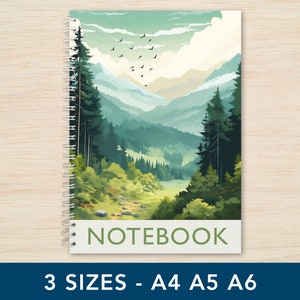 May include: A spiral bound notebook with a green, blue and white landscape design. The cover features a mountain range with trees and a cloudy sky. The text "NOTEBOOK" is printed on the cover.