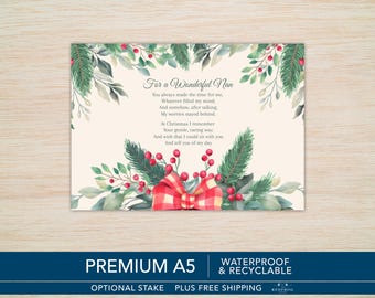 Christmas Grave Card for Nan - Waterproof A5 Memorial Card for Graveside with Optional Stake