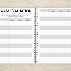 May include: A black and white printable exam evaluation planner with a spiral binding. The planner has columns for exam name, 1-10 confidence rating, standard revision, additional revision, and high priority revision.