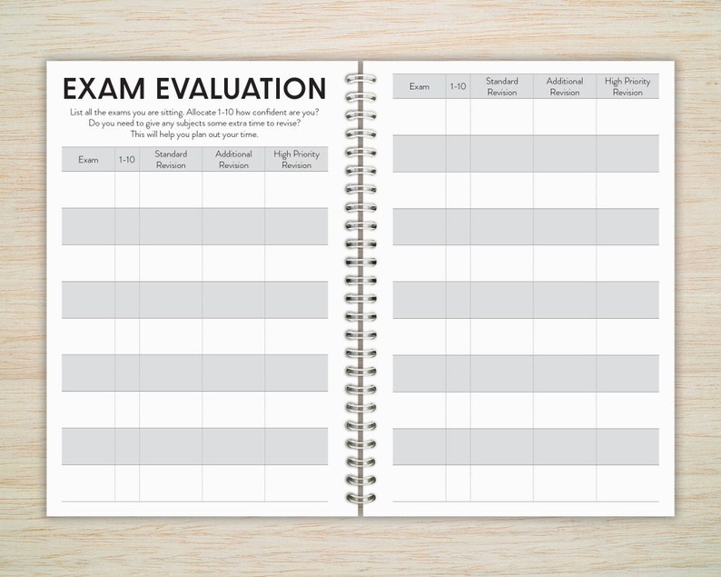 May include: A black and white printable exam evaluation planner with a spiral binding. The planner has columns for exam name, 1-10 confidence rating, standard revision, additional revision, and high priority revision.