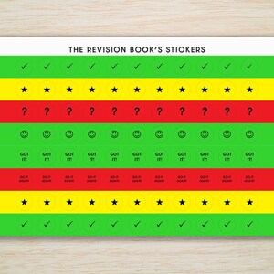 May include: A sheet of colourful stickers with different icons and text. The stickers are green, yellow, and red. The icons include tick marks, stars, question marks, smiley faces, and the text "Got It!" and "Do It Again".