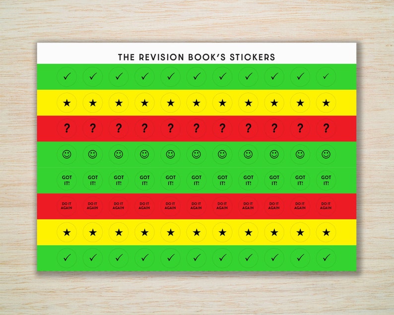 May include: A sheet of colourful stickers with different icons and text. The stickers are green, yellow, and red. The icons include tick marks, stars, question marks, smiley faces, and the text "Got It!" and "Do It Again".