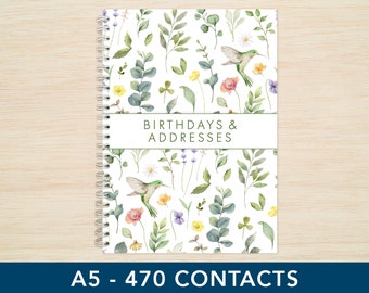 Hummingbird A5 Birthdays & Address Book Florals A - Z Telephone Contacts Spiral Notebook Birthday Reminder UK made Small Business