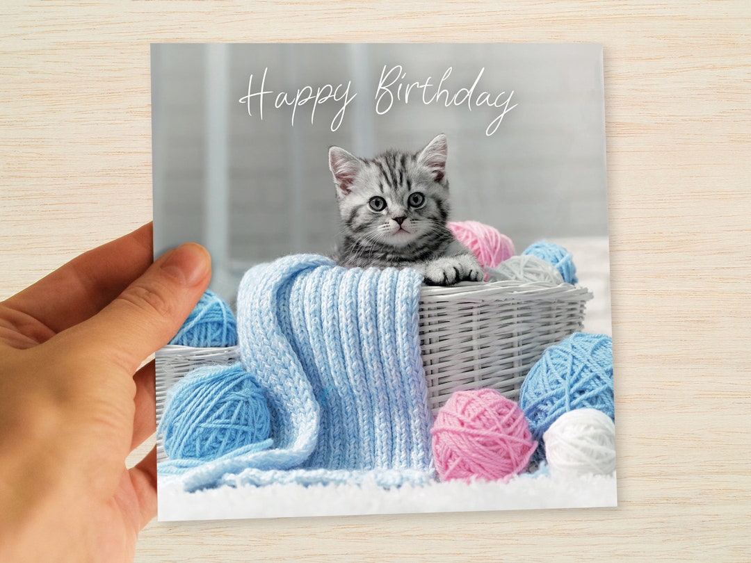 Grey Tabby Cat Birthday Card Kitten Birthday Card With Wool Card for ...