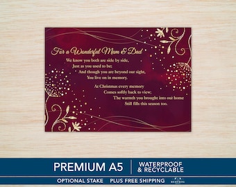 Mum and Dad Christmas Memorial Grave Card, Waterproof A5 Graveside Card with Optional Stake, Outdoor Cemetery Tribute
