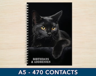 Black Cat A5 Birthdays & Address Book A - Z Spiral Notebook Telephone Contacts Birthday Reminder Book Cat Lovers Christmas Gift idea